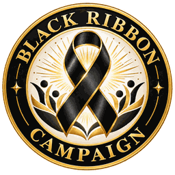 Black Ribbon Campaign round logo with a black awareness ribbon and gold details.