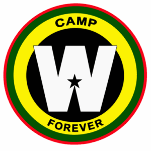 Camp Wakanda Forever circular logo with a white W and star, framed by red, green and yellow rings.
