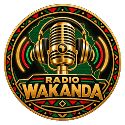 Radio Wakanda round logo with a microphone, headphones and red, green and gold details.