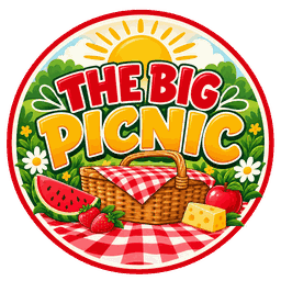 The Big Picnic round logo with a picnic basket, fruit and bright summer colors.